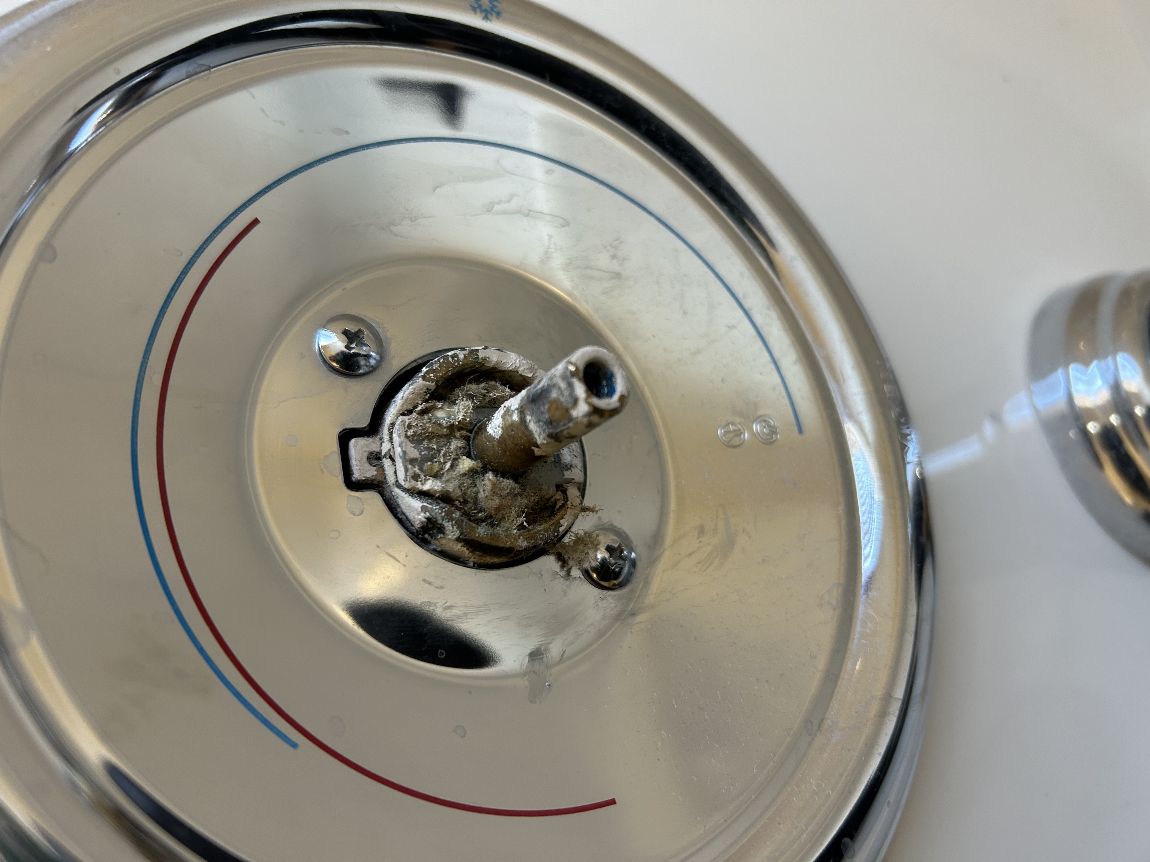 Moen Positemp shower valve open — corroded cartridge stem visible in valve body — Peoria AZ hard water damage